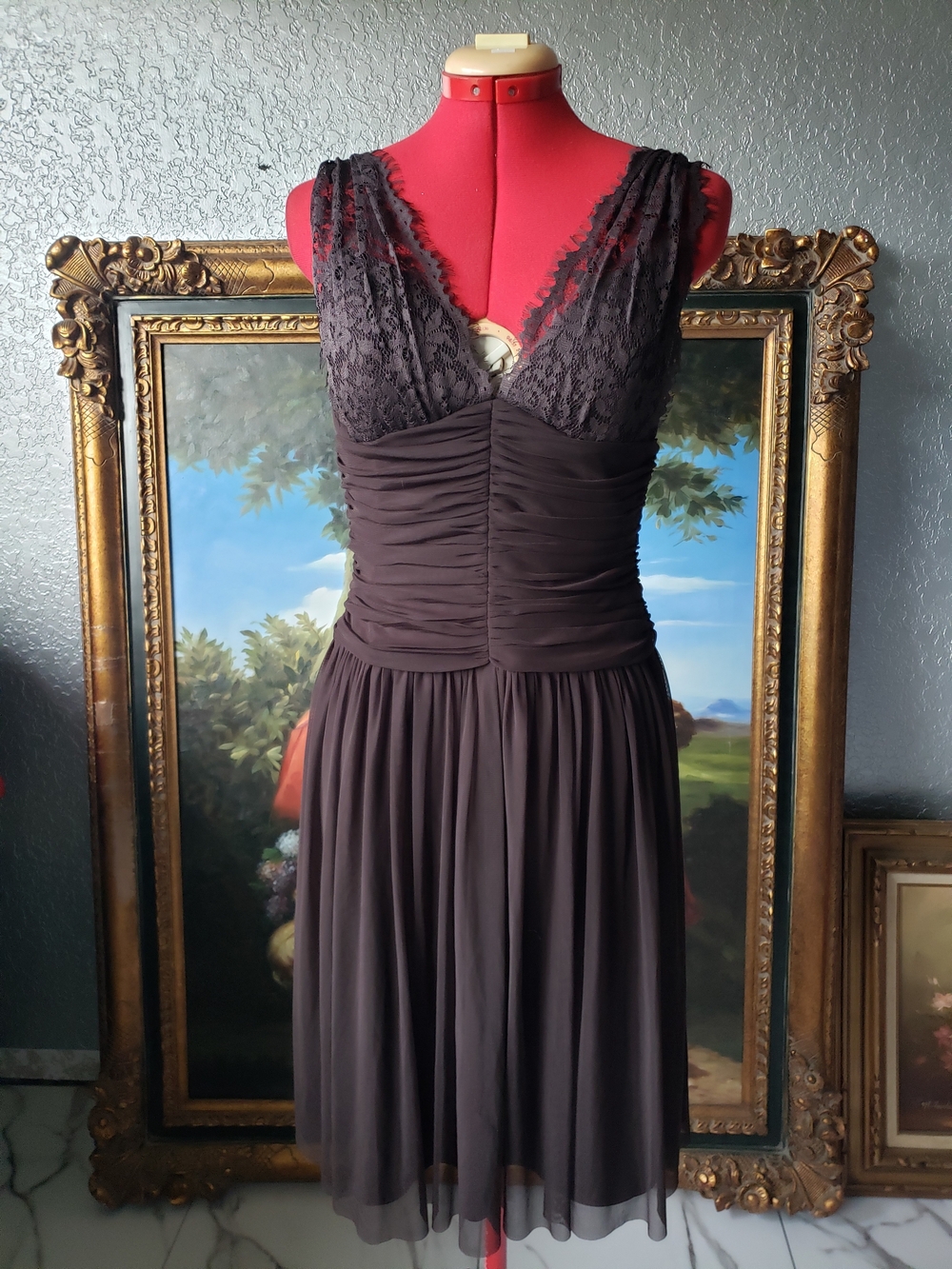 London Times Brown Lace & Chiffon V-Neck Midi Dress - Picture 1 of 3
